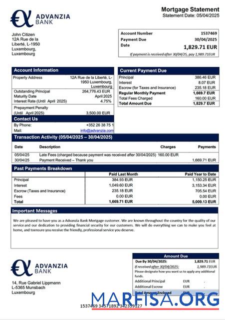 Printable Luxembourg Advanzia Bank mortgage statement Word and PDF template